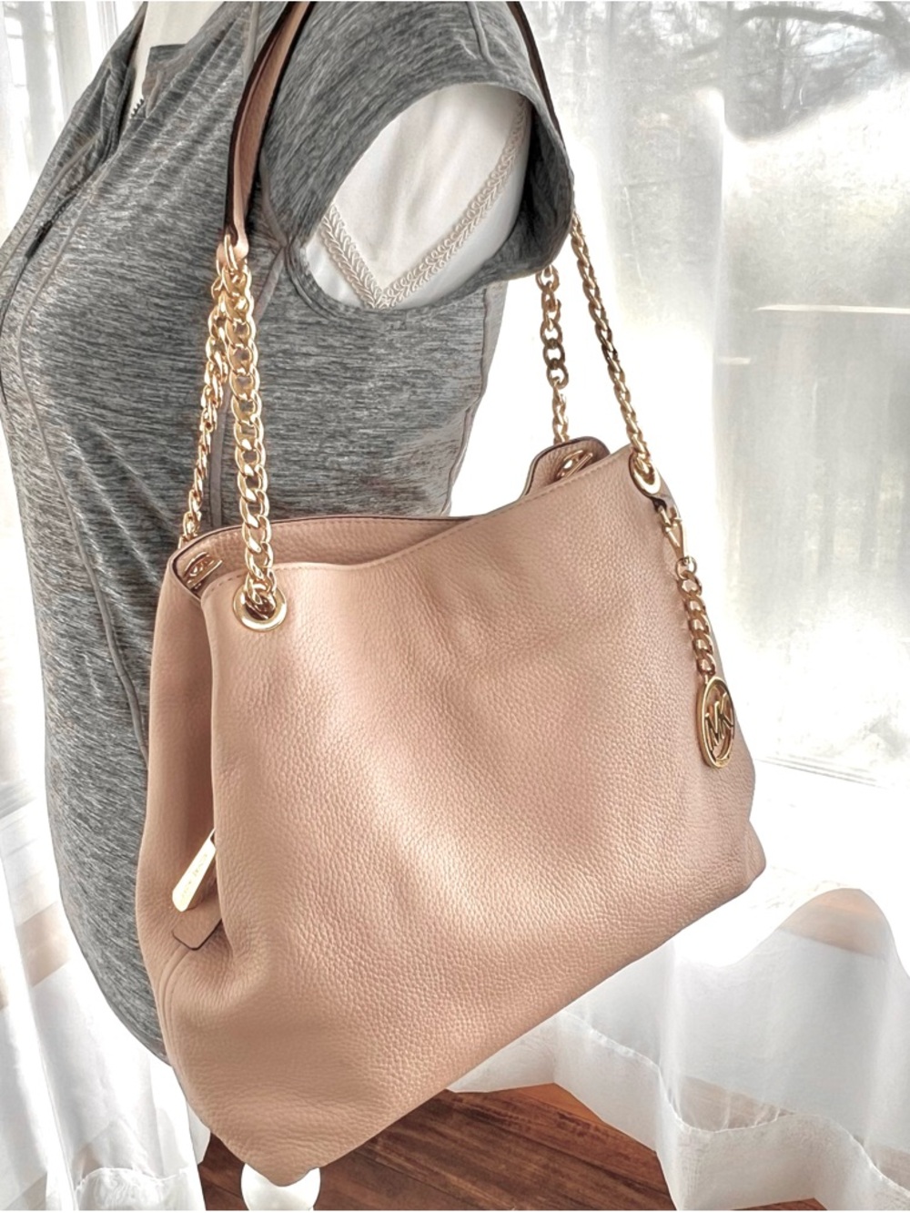 Michael Kors Jet Set Chain Shoulder Bag Dusty Pink Pebbled Leather Large - Picture 5 of 17
